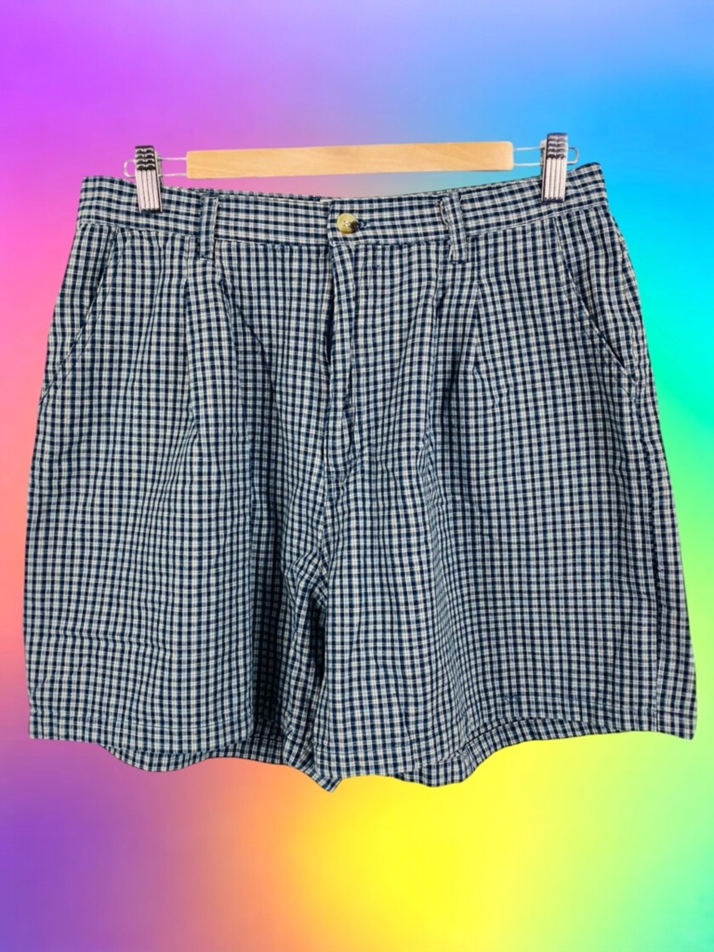 Vintage 90s Plaid Retro High Waisted Grunge Baggy Pleated Shorts Blue